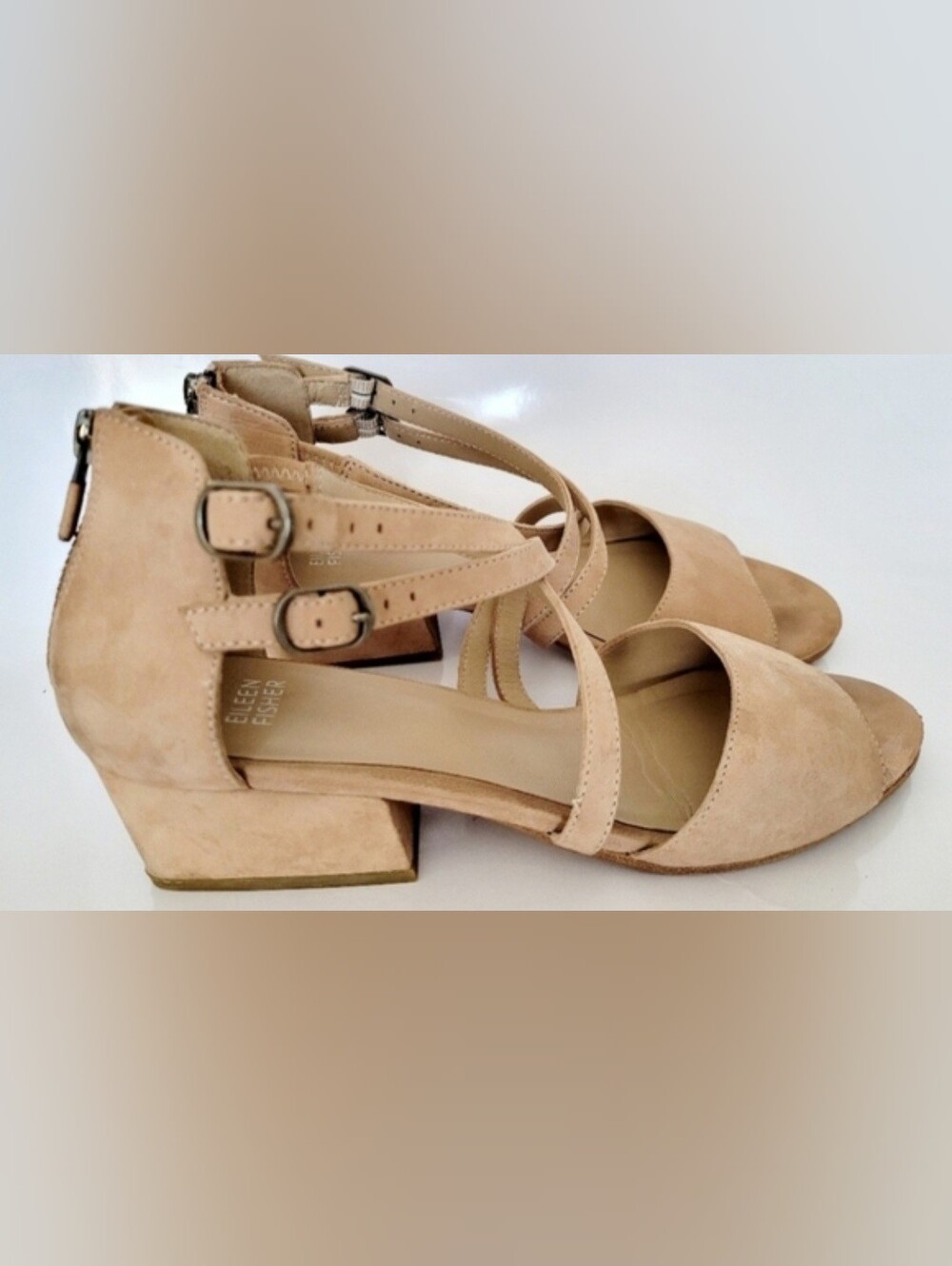 Eileen Fisher Kyra Nubuck Leather Strappy Low Block Heel Sandals Tan US 9 - Picture 16 of 16